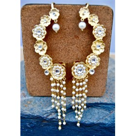 Floral Gold Ear Cuff Earrings with Pearl String